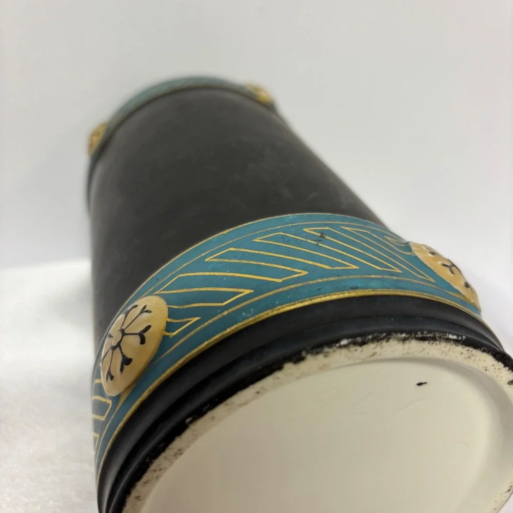 Antique Old Paris Porcelain Portrait Vase Black Gold Trim Decorative‎